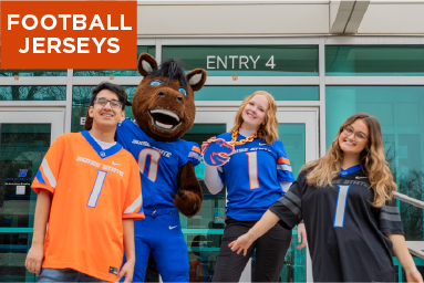 Mobile image 3 of 4, Buster Bronco and 3 students in jerseys. Click here to shop Boise State Bronco Jerseys!